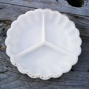 Vintage Round Milk Glass Divided Dish